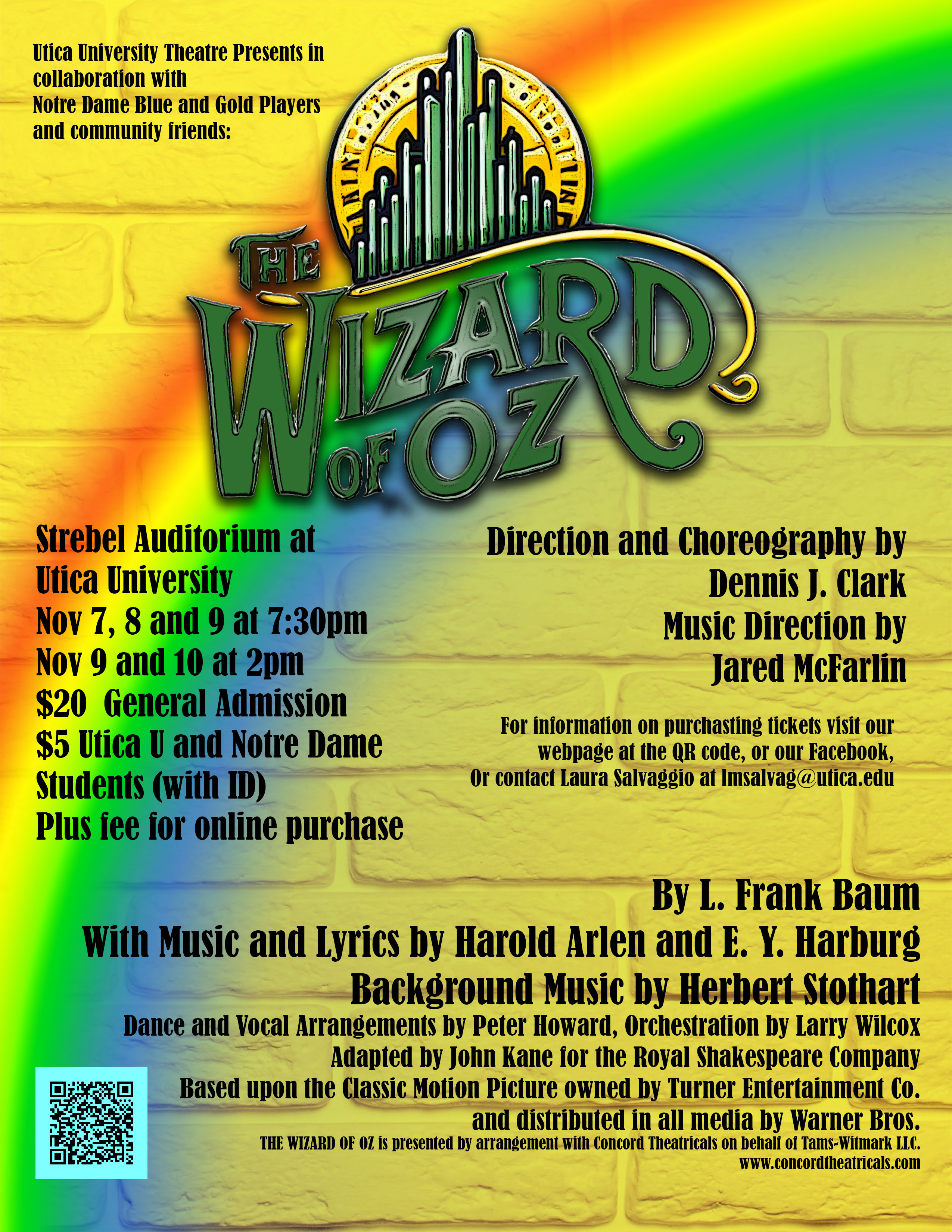 Yellow Brick Wall background with a rainbow shining across it with details of the 2024 production of The Wizard of Oz at Utica University.