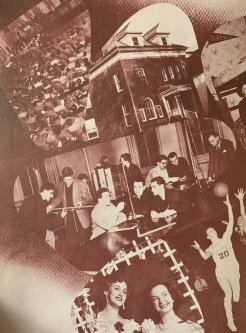 Sepia-toned photos of Utica College classes and people circa 1951.