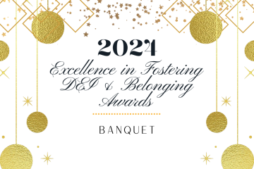 Stylized with gold glitter and chandelier circles. Center text in script reads 2024 Excellence in Fostering DEI & Belonging Awards banquet.