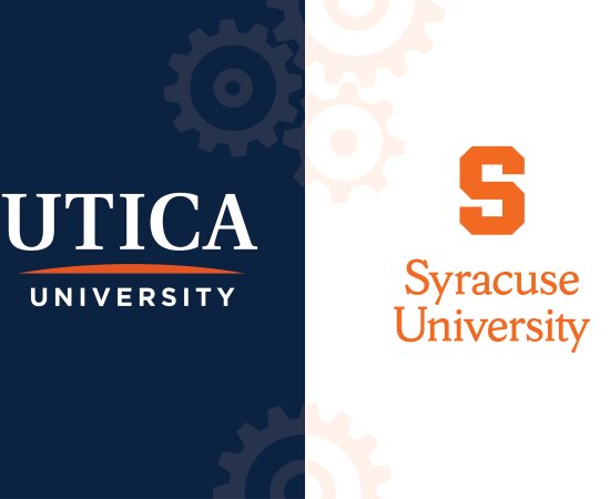 Utica University and Syracuse University logos side by side with gears faded in the middle.